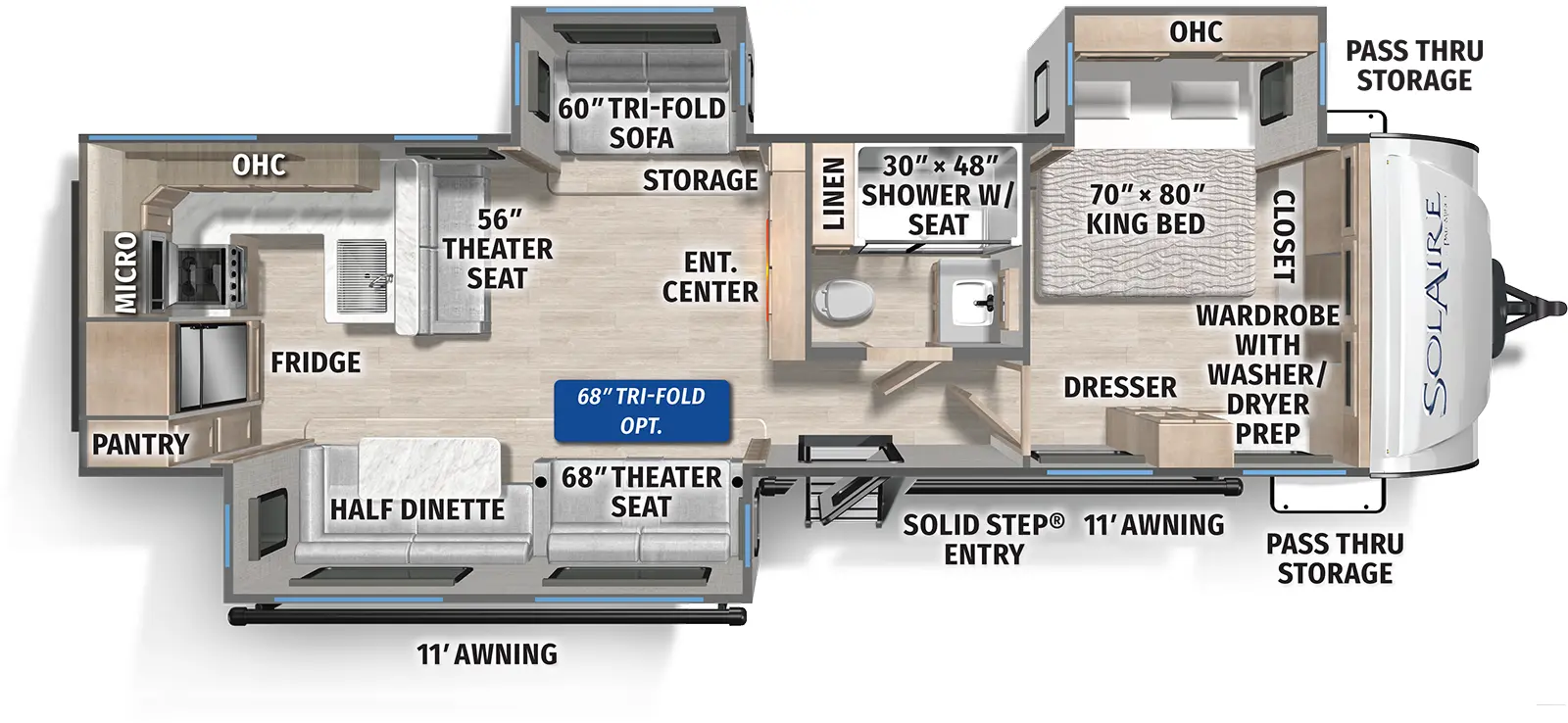 The SolAire Ultra Lite 3060RKTS floorplan has one entry and three slide outs. Exterior features include: fiberglass exterior and 11' & 11' awning. Interiors features include: rear kitchen and front bedroom.